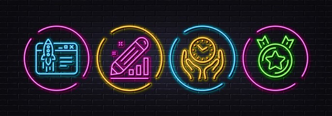 Start business, Edit statistics and Safe time minimal line icons. Neon laser 3d lights. Ranking star icons. For web, application, printing. Launch idea, Seo manage, Hold clock. Winner medal. Vector