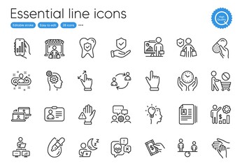Cv documents, Outsource work and Recruitment line icons. Collection of Buyer insurance, Capsule pill, Work home icons. Pay money, Eye drops, User communication web elements. Thoughts. Vector