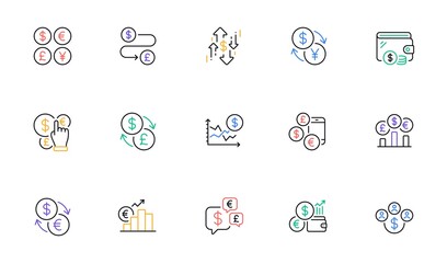 Currency line icons. Cash money, Euro Dollar transfer and Currency exchange. Financial rate, Change money and Euro Pound trade icons. Dollar transfer, Stock trade and Wallet with cash. Vector