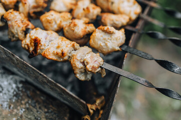 Large pieces of pork meat, barbecue on a skewer are fried on the grill. Food photography.