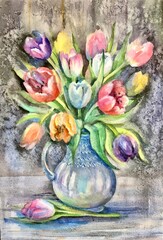 Watercolor tulip flowers. Beautiful bouquet colorful tulips. 