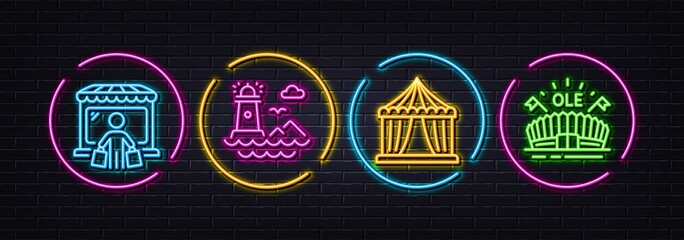 Circus tent, Lighthouse and Market buyer minimal line icons. Neon laser 3d lights. Sports arena icons. For web, application, printing. Attraction park, Navigation beacon, Store client. Vector