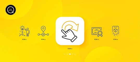 Fototapeta na wymiar Rotation gesture, Station and Creative idea minimal line icons. Yellow abstract background. Certificate, Augmented reality icons. For web, application, printing. Vector