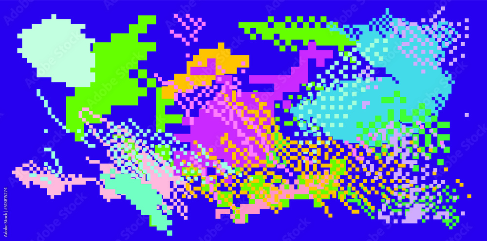 Poster trendy vaporwave background with pixel art chaotic composition. concept of a glitchy computer screen