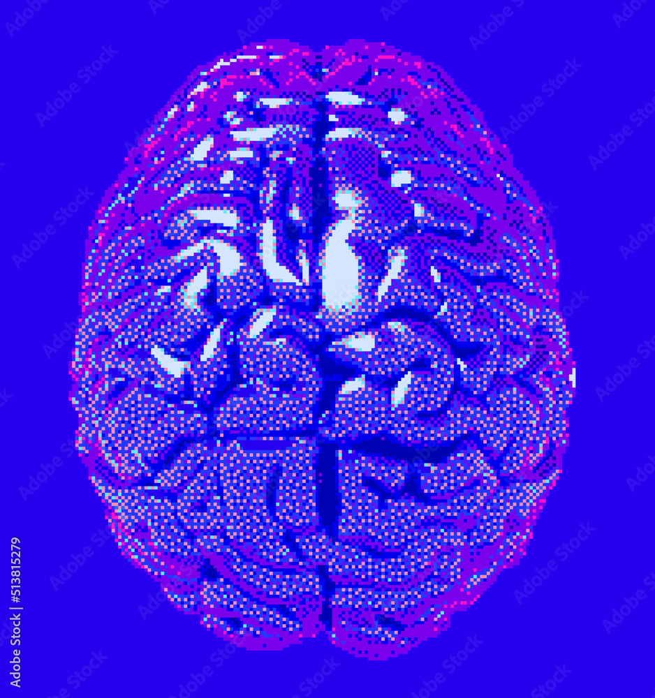 Poster 3D illustration of a brain in pixel art style. Concept of brain research and artificial intelligence.