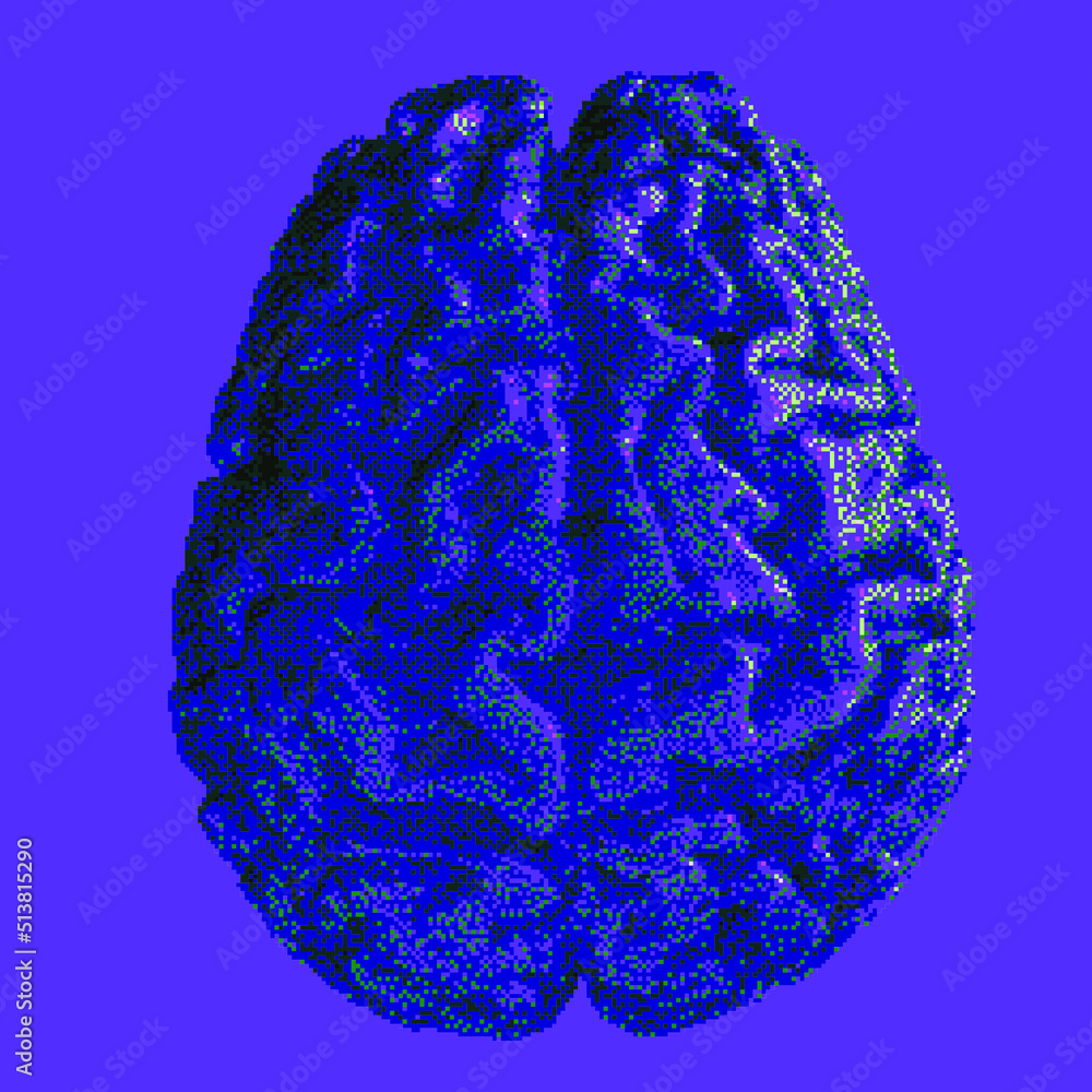 Poster 3D illustration of a brain in pixel art style. Concept of brain research and artificial intelligence.