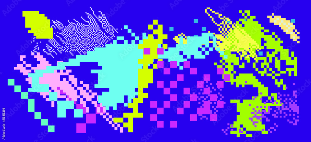 Poster Trendy vaporwave background with pixel art chaotic composition. Concept of a glitchy computer screen.