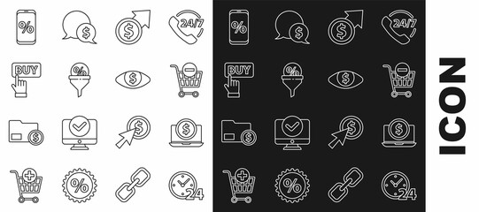 Set line Clock 24 hours, Laptop with dollar, Remove shopping cart, Financial growth and coin, Lead management, Buy button, Percent discount mobile and Eye icon. Vector