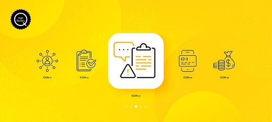 Fototapeta na wymiar Survey checklist, Coins bag and Clipboard minimal line icons. Yellow abstract background. Card, Networking icons. For web, application, printing. Report, Investment, Caution document. Vector