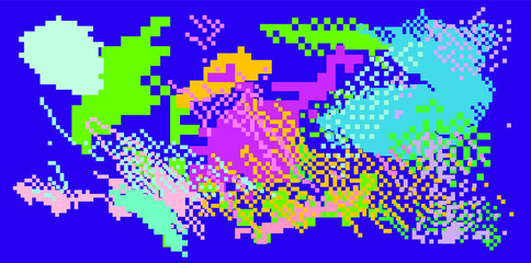 Fototapeta na wymiar Trendy vaporwave background with pixel art chaotic composition. Concept of a glitchy computer screen.