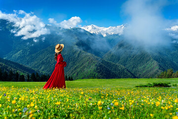 Tourist enjoy view of green pasture and flowers near snow mountain in Georgia. © tawatchai1990