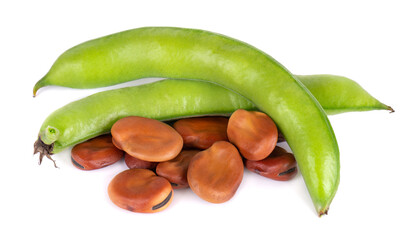 Fresh broad beans in pods, isolated on white background. Dry fava beans.