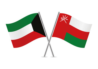Kuwait and Oman crossed flags. Kuwaiti and Omani flags on white background. Vector icon set. Vector illustration.