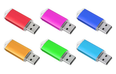 USB flash drive, flash memory, on a white background, collage, different colors