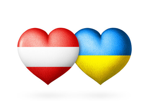 Two flags. Flags of Ukraine and Austria. Two hearts in the colors of the flags isolated on a white background. Protection, solidarity and help.