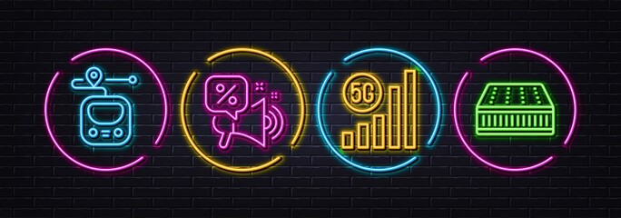 Discounts offer, 5g wifi and Metro minimal line icons. Neon laser 3d lights. Mattress icons. For web, application, printing. Megaphone promo, Wireless signal, Transit journey. Sleeping pad. Vector