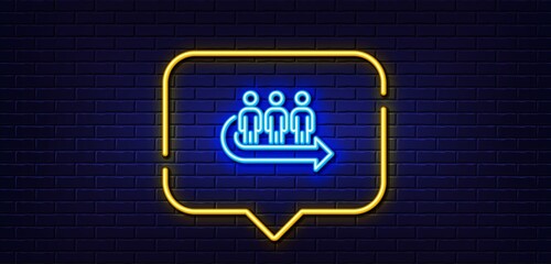 Neon light speech bubble. Queue line icon. People waiting sign. Direction arrow symbol. Neon light background. Queue glow line. Brick wall banner. Vector