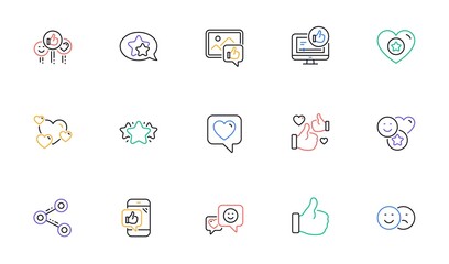 Social media line icons. Share network, Like thumbs up and Rating. Feedback smile linear icon set. Bicolor outline web elements. Vector