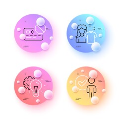 Card, Clean shirt and Idea gear minimal line icons. 3d spheres or balls buttons. Verification person icons. For web, application, printing. Bank payment, Laundry t-shirt, Technology process. Vector