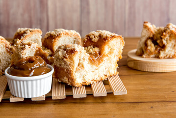 Delicious typical south brazilian dessert, cuca filled with dulce de leche