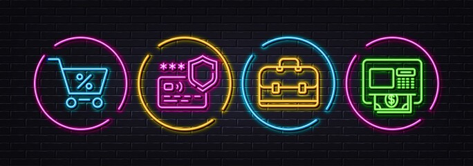 Portfolio, Special offer and Payment protection minimal line icons. Neon laser 3d lights. Atm icons. For web, application, printing. Business case, Discounts, Money secure. Money withdraw. Vector