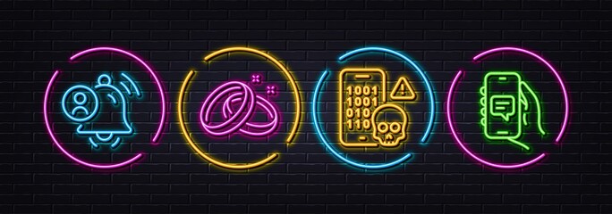 Cyber attack, User notification and Wedding rings minimal line icons. Neon laser 3d lights. Chat app icons. For web, application, printing. Phone hacker, People attention, Love. Vector