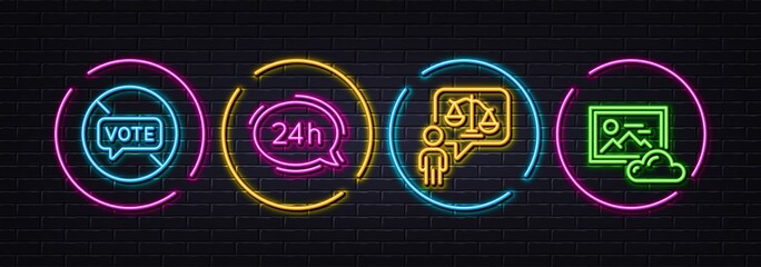 Lawyer, 24h service and Stop voting minimal line icons. Neon laser 3d lights. Photo cloud icons. For web, application, printing. Court judge, Call support, Do not vote. Image hub. Vector