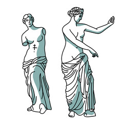 Set of two Ancient Greek female sculptures, statue of godess. Vector linear illustration with shadows isolated on white background. Trendy style with shading and color
