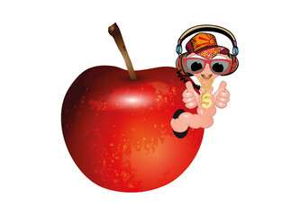 kleiner Regenwurm als Hip Hopper im roten Apfel