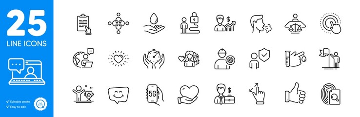 Outline icons set. Smile chat, Friends chat and Heart icons. Volunteer, Timer, Inspect web elements. Engineer, 5g internet, Lock signs. Cough, Business growth, Inclusion. Winner cup. Vector