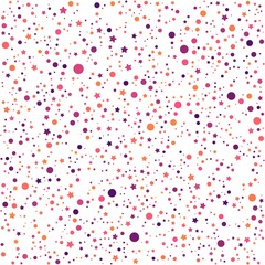 Pink, purple, and orange stars and circles pattern on the white background. Vector illustration.