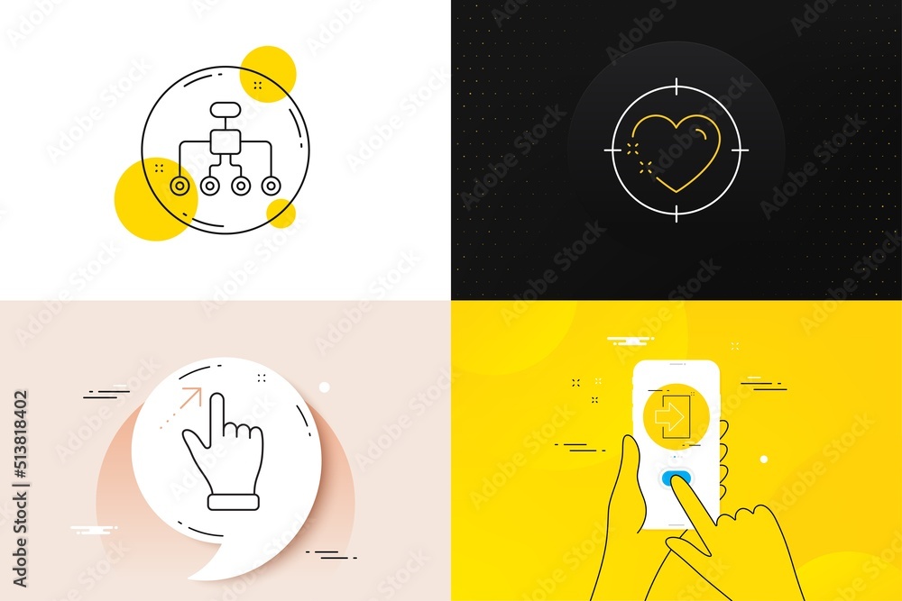 Poster minimal set of restructuring, heart target and touchscreen gesture line icons. phone screen, quote b