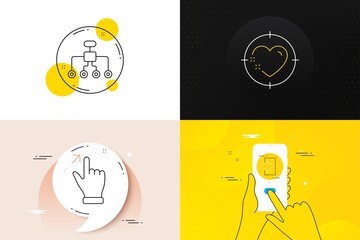 Minimal set of Restructuring, Heart target and Touchscreen gesture line icons. Phone screen, Quote banners. Login icons. For web development. Delegate, Love aim, Swipe. Sign in. Vector