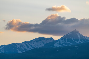Fototapeta na wymiar Beautiful mountain landscape at the sunrise with dramatics clouds. Aragats mountains.