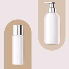 Realistic package cosmetic. Container lotion, tonic, serum, cream, bottle mockup isolated vector, package bottle cosmetic, plastic white bottle cosmetic