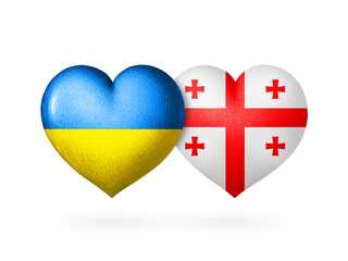 Two flag heart. Flags of Ukraine and Georgia. Two hearts in the colors of the flags isolated on a white background. Protection, solidarity and help.