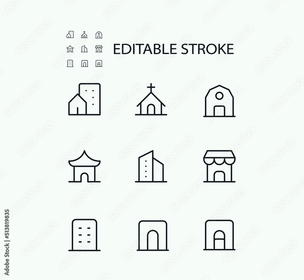 Poster simple set of building related vector line icons. contains such icons as houses and historical monum