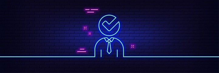 Neon light glow effect. Human silhouette with Check line icon. Business or Education concept sign. 3d line neon glow icon. Brick wall banner. Vacancy outline. Vector