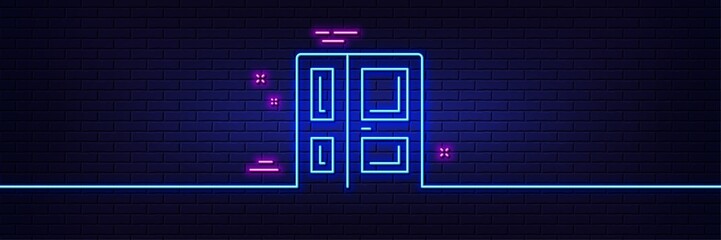 Neon light glow effect. Entrance line icon. Entry door sign. Building exit symbol. 3d line neon glow icon. Brick wall banner. Entrance outline. Vector - obrazy, fototapety, plakaty