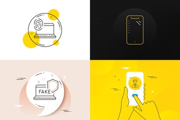 Minimal set of Computer fingerprint, Support consultant and Fake internet line icons. Phone screen, Quote banners. Smartphone icons. For web development. Vector