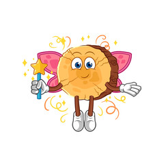 round log fairy with wings and stick. cartoon mascot vector