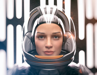 Female astronaut looking, stripe lighting background- 3d rendering