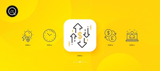 Fototapeta na wymiar Dollar rate, Time and Electricity bulb minimal line icons. Yellow abstract background. Currency exchange, Best manager icons. For web, application, printing. Vector