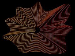 Abstract whimsical circle with colorful, orange, yellow, red hues, wavy curved lines, sound wave texture isolated on black background. Vector illustration for banner, business presentation, template.