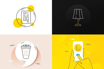 Minimal set of Coffee vending, Table lamp and Mattress line icons. Phone screen, Quote banners. Takeaway coffee icons. For web development. Bedside lamp, Night bed, Hot latte drink. Vector