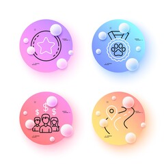 Loyalty star, Road and Salary employees minimal line icons. 3d spheres or balls buttons. Dog competition icons. For web, application, printing. Bonus reward, Journey highway, People earnings. Vector