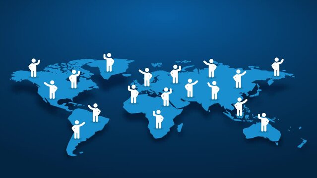 waving characters on world map, protesting people around the world, blue motion background