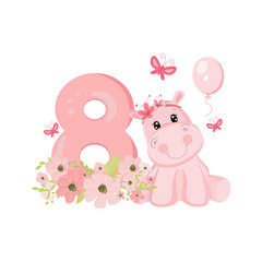 Obraz na płótnie Canvas Cute baby girl hippo. Birthday invitation. Eight years, eight months. Happy birthday. 