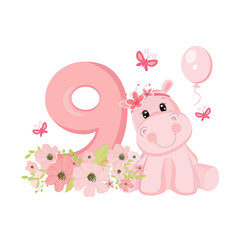 Cute baby girl hippo. Birthday invitation. Nine years, nine months. Happy birthday.
