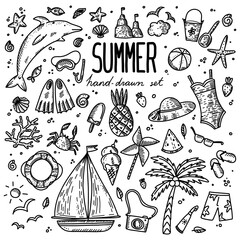 Vector set of illustrations, different elements in the doodle style: palm, waves, butterflies, flowers, sea, sun, stars, seashells